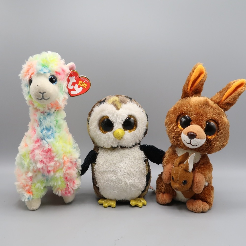 Lot of 3 Ty Beanie Boos Lola Lllama Owliver Owl Kipper Kangaroo Babies Plush Toy